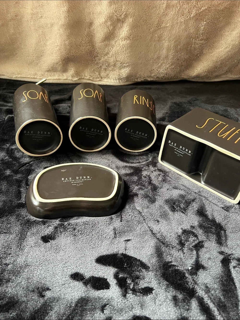 Rae Dunn Black Bath Accessory Set with Copper Lettering
